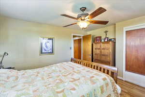 Bedroom featuring a ceiling fan, wood finished floors, and a closet