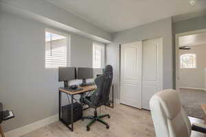 Office with light wood-style floors and healthy amount of natural light