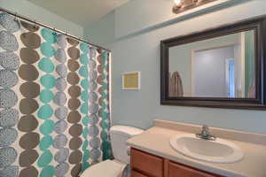 Bathroom featuring vanity and a shower with shower curtain