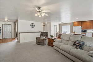 Family room with kitchen in background