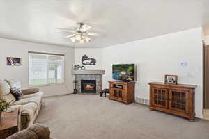 Family room with corner gas fireplace