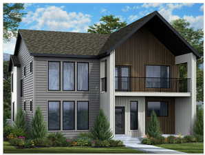 View of front facade featuring a balcony, board and batten siding, roof with shingles, and a front yard