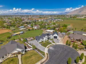 Aerial view of residential area with mountains