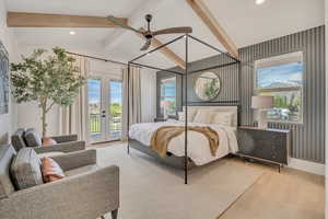 Bedroom featuring french doors, access to outside, beamed ceiling, ceiling fan, and recessed lighting