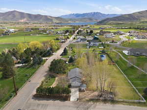 Aerial perspective of suburban area featuring mountains