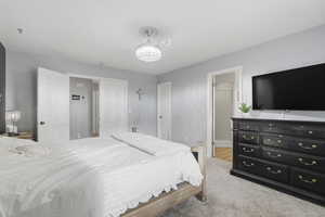 Bedroom with light carpet and ensuite bathroom