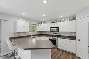 Kitchen with stainless steel appliances, backsplash, dark wood-style floors, a kitchen breakfast bar, and recessed lighting