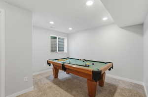 Rec room featuring light carpet, billiards, and recessed lighting