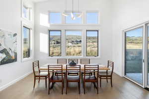 Dining area with wood finished floors, a high ceiling, suspended lighting, and healthy amount of natural light