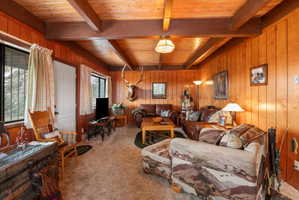 Living room featuring wood walls, carpet flooring, and a wood ceiling with exposed beams