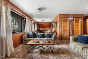 Living room featuring wood walls and carpet flooring