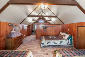 Carpeted bedroom with wood walls and suspended lighting
