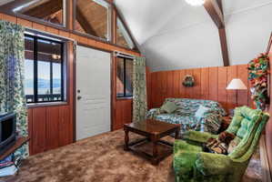 Living area with wood walls, beamed ceiling, and carpet flooring
