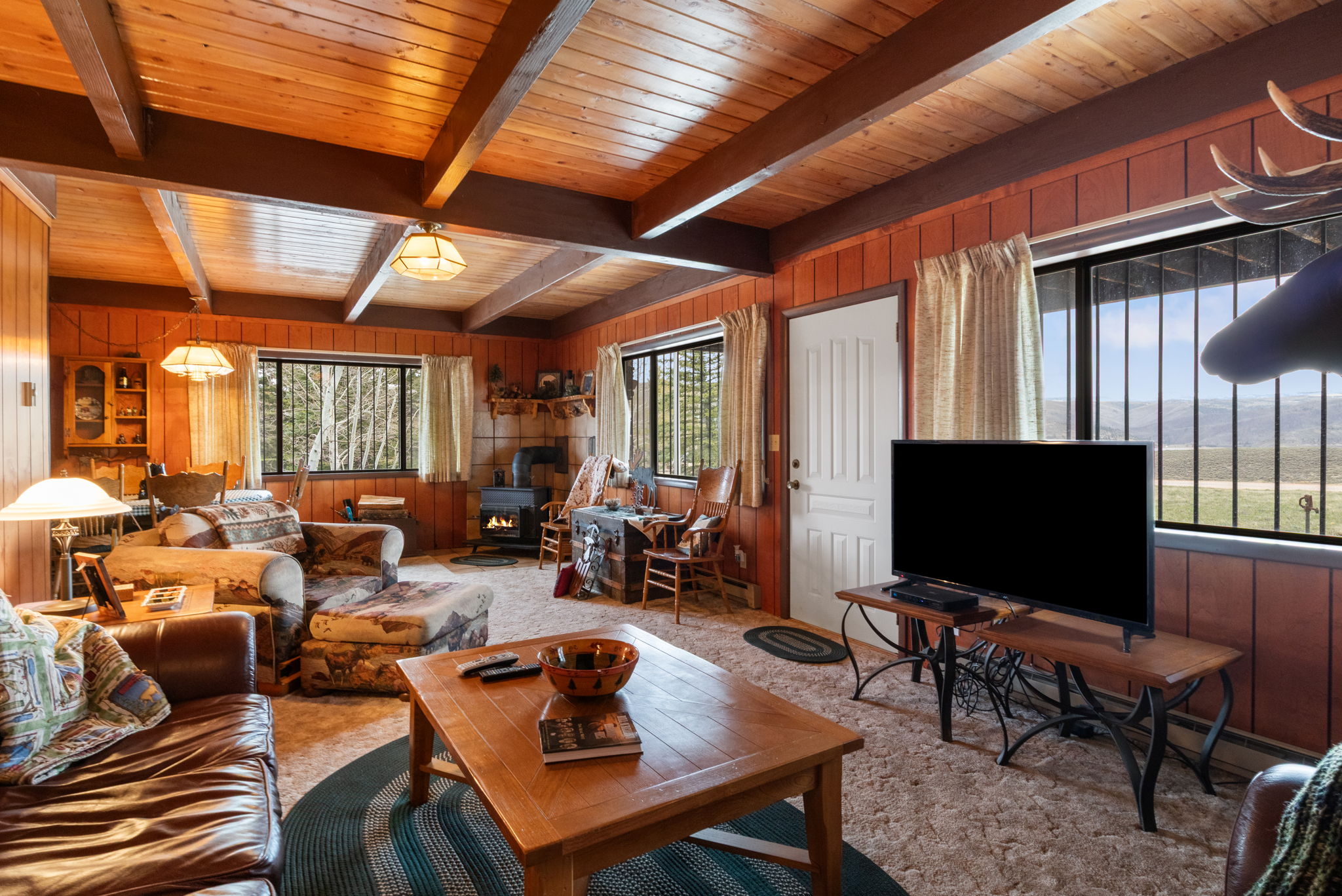 Carpeted living room featuring wooden walls and a wood ceiling with exposed beams