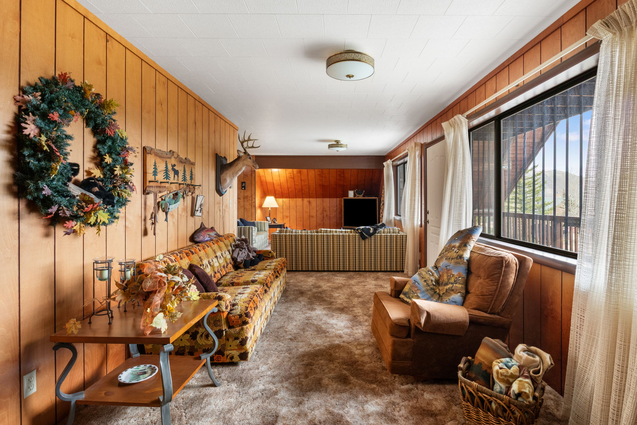 Living area with wooden walls and carpet floors