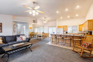 Living area, a ceiling fan, vaulted ceilings