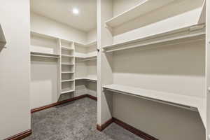 Walk in closet featuring dark carpet