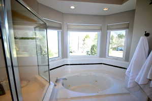 Bathroom with a shower stall, a tub with jets, and recessed lighting