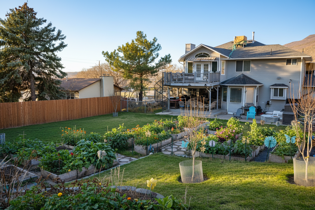 Back of property with a patio, a garden, a fenced backyard, a chimney, and a wooden deck Photo generated by AI