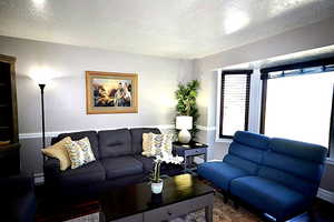 Living room featuring a textured ceiling and wood finished floors