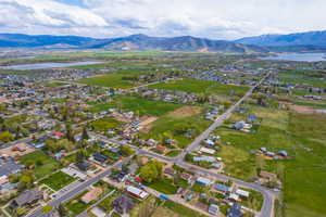 Aerial view of residential area with a water and mountain view