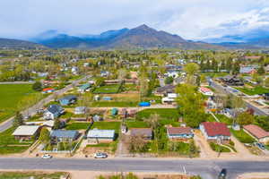 Aerial perspective of suburban area featuring mountains
