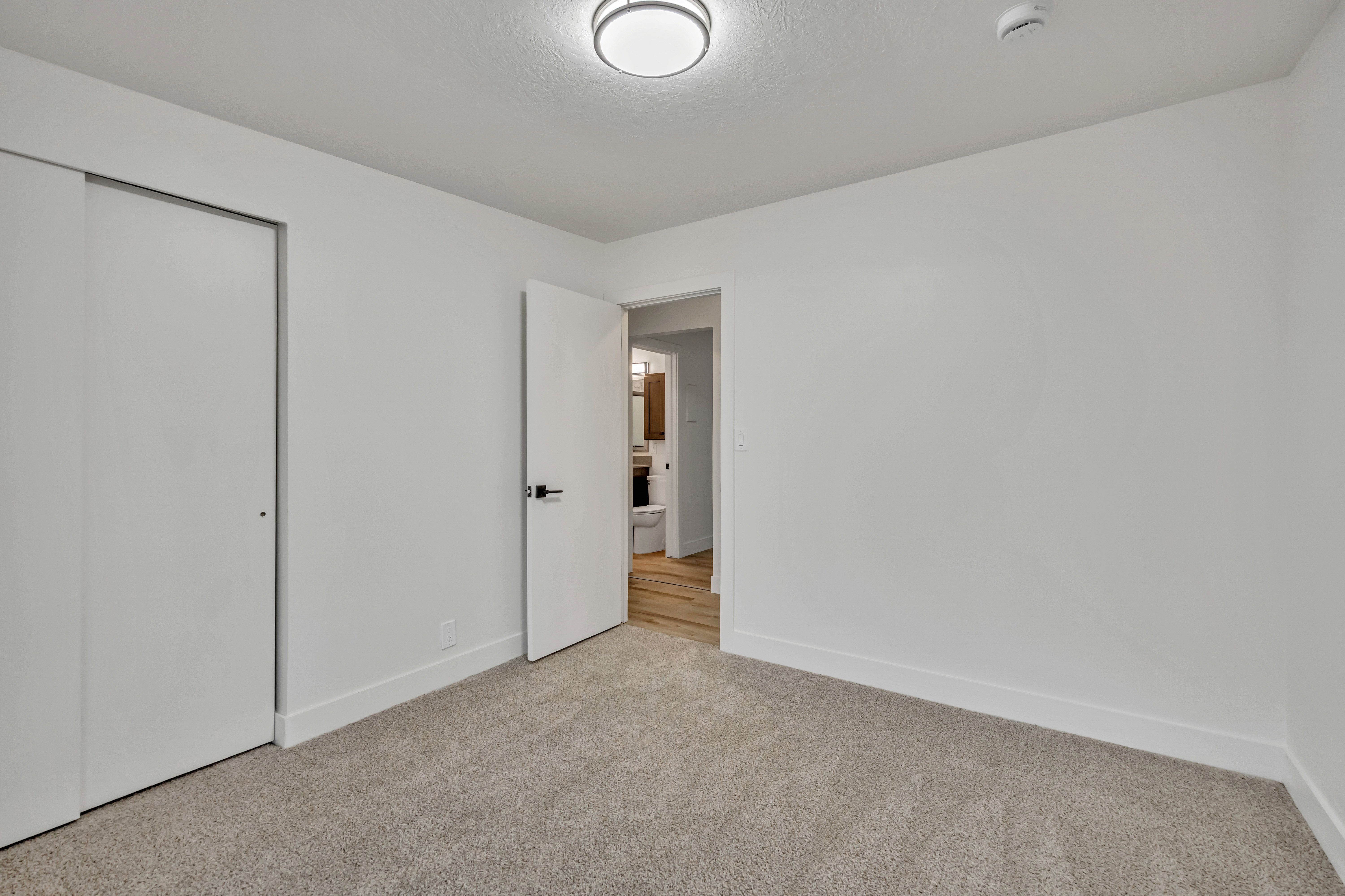 Unfurnished bedroom featuring light colored carpet and a closet