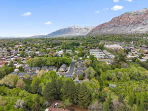 Aerial view of residential area with mountains