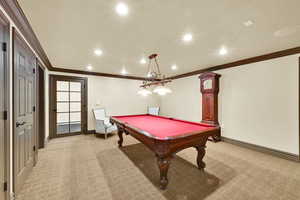 Playroom with light carpet, ornamental molding, recessed lighting, and billiards table