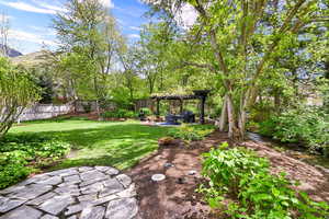 Fenced backyard with a patio and a pergola
