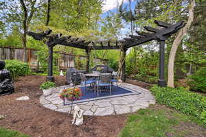 Fenced backyard featuring a patio, a pergola, outdoor dining area, and grilling area