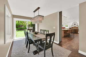 Dining space featuring wood-type flooring, a chandelier, and healthy amount of natural light
