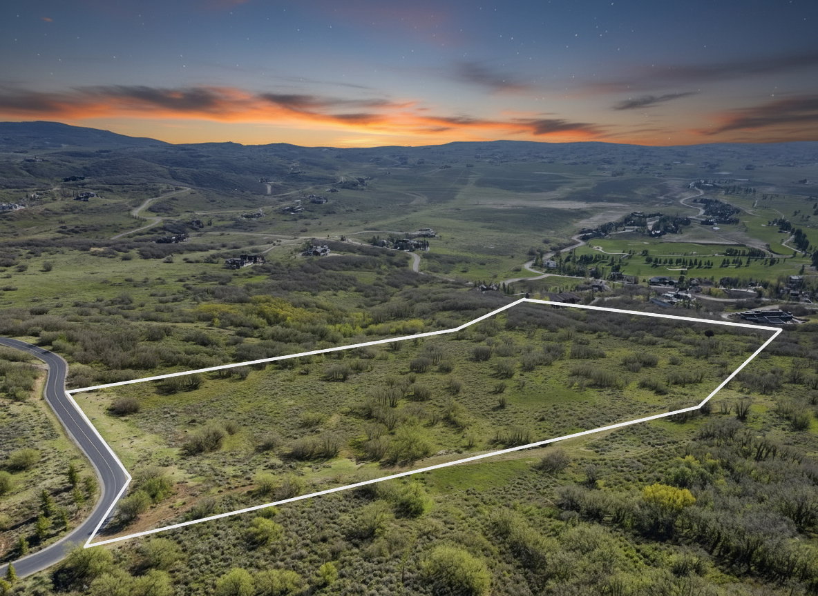 Aerial view of property and surrounding area with property parcel outlined and a mountainous background