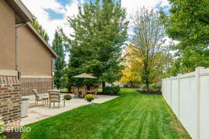 Fenced backyard with a patio