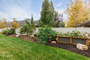 Fenced backyard with a garden