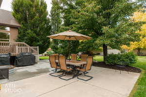 Fenced backyard featuring a patio, outdoor dining space, and a grill
