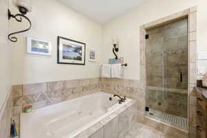 Lower level family room bathroom with a large steam shower, and a jetted tub