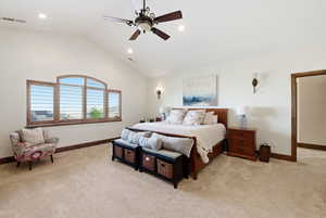 Primary bedroom, light  carpet, lofted ceiling, and recessed lighting