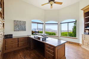 Home office with an incredible view featuring dark wood flooring, nice  natural light to work in