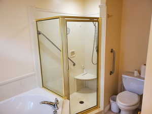 Bathroom with a stall shower and a garden tub
