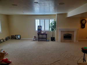 Living room with carpet flooring and a fireplace