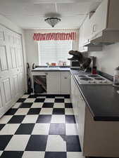 Kitchen with dark floors, dark countertops, electric stovetop, and a drop ceiling