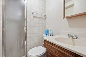 Full bath featuring vanity and a stall shower