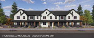 Modern farmhouse style home featuring board and batten siding, a porch, and stone siding