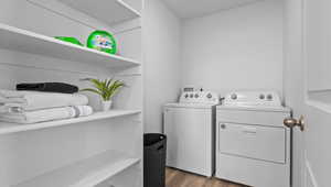 Laundry area with dark wood finished floors and separate washer and dryer