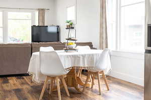 Dining space featuring wood finished floors and baseboards