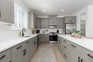 Kitchen with gray cabinets, stainless steel appliances, light wood-style floors, and recessed lighting