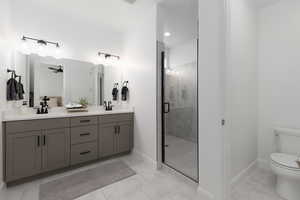 Full bathroom with double vanity, a stall shower, recessed lighting, and ceiling fan