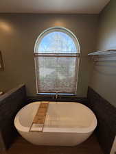 Full bathroom featuring a freestanding bath and tile patterned flooring