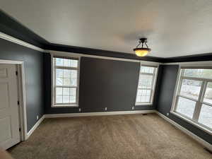 Carpeted spare room with a textured ceiling and ornamental molding